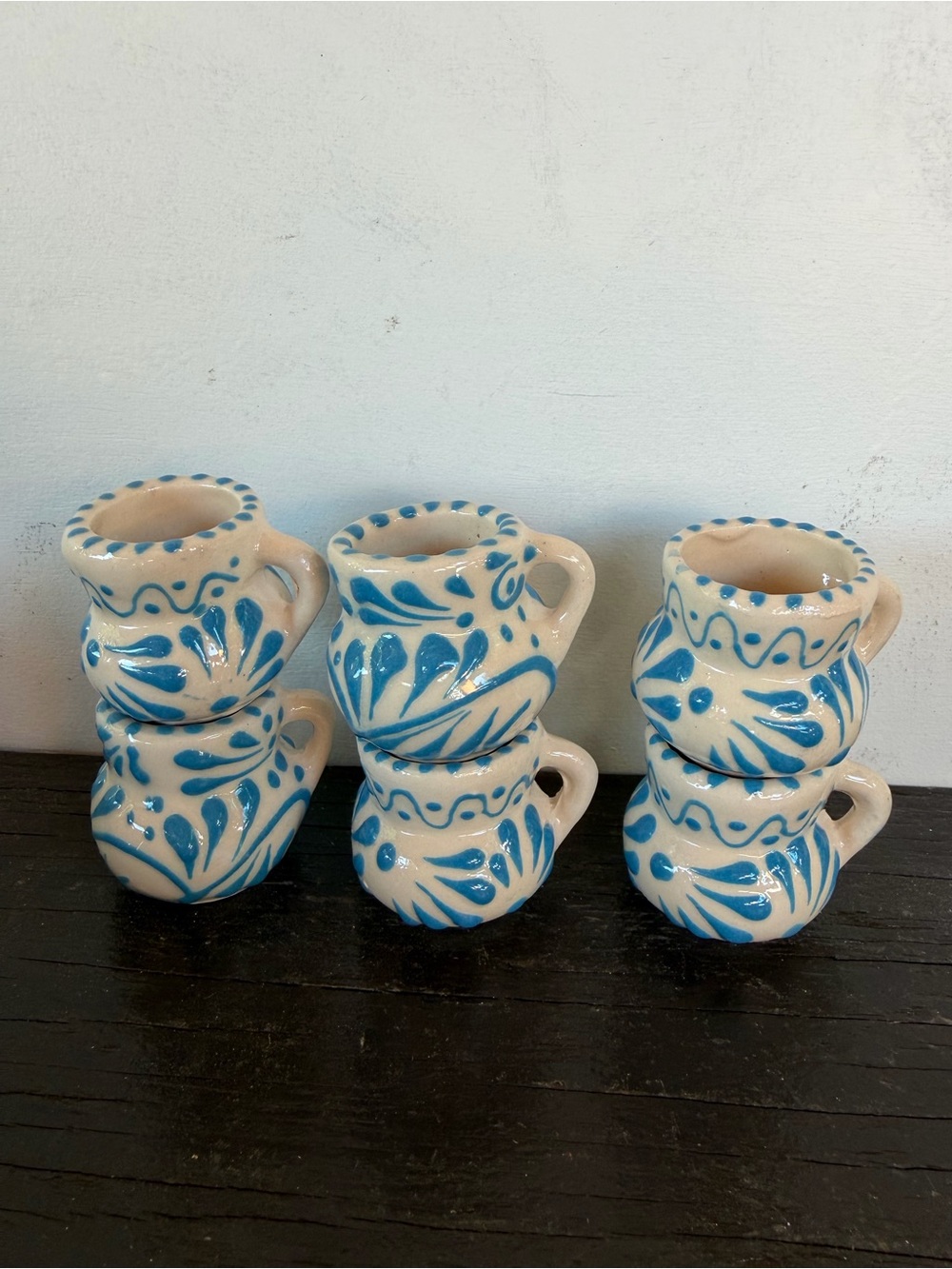 Hand-Painted White -Blue Ceramic Mini Tequila Mugs Set of 6